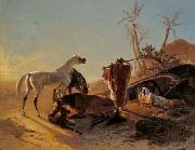 unknow artist Rastendes Beduinenpaar mit Araberpferden oil painting on canvas